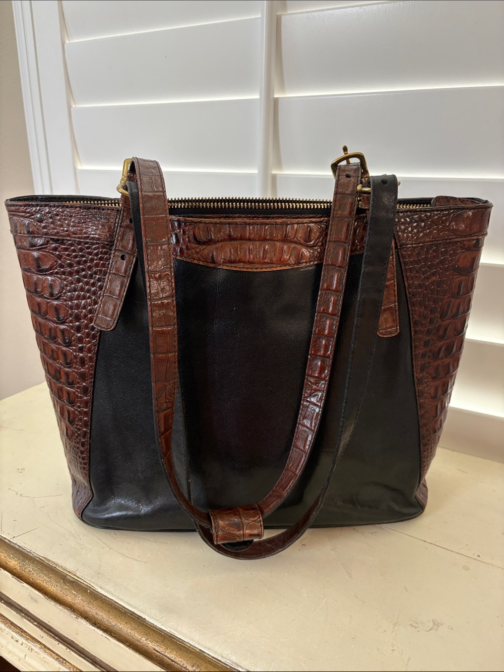 Brahmin Black Leather Tote with Brown Croc-Embossed Trim